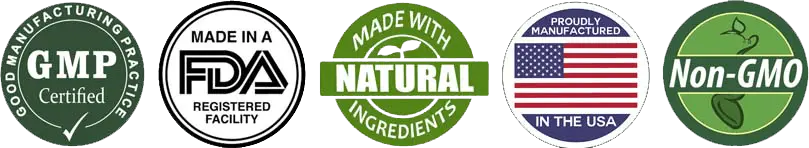 GMP · FDA-Registered · Natural · Made in USA · Non-GMO certifications